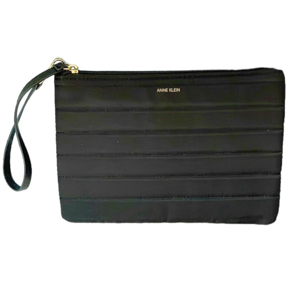 Anne Klein black quilted nylon padded stripe clutch wristlet bag one size